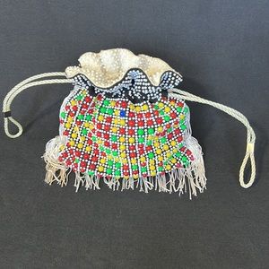 EMSON Hong Kong Vintage 60’s Beaded Drawstring Bag with tassel fringe reversible